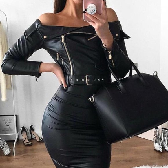 Black Off Shoulder Zipper Faux Leather Midi Dress - Picture 2 of 8